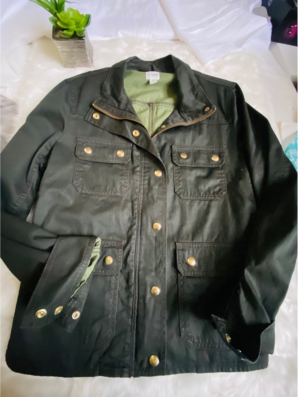 J.CREW Black Utility Jacket with Dark Green Lining, Gold PL